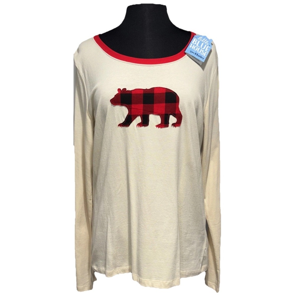 NEW Little Blue House Buffalo Plaid Tee PJ Top‎ Bear Size XL Cream Red Black